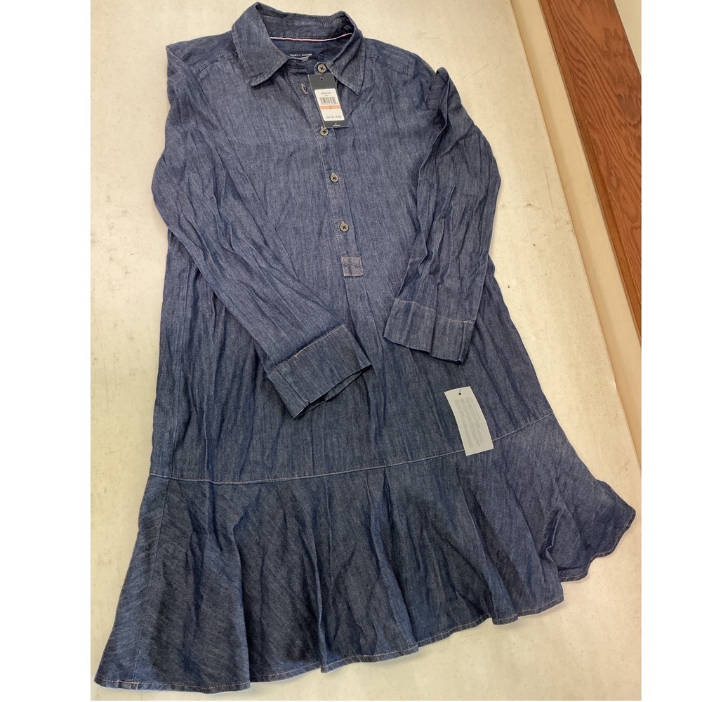 Tommy Hilfiger Womens Denim Shirt Dress Blue Long Sleeve Ruffle Hem